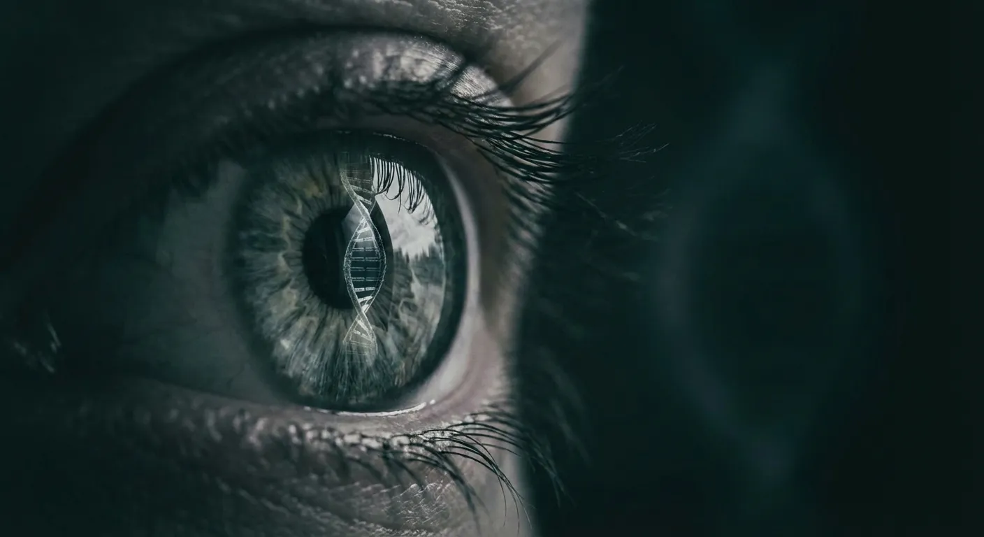 Gros plan d'un œil reflétant une hélice d'ADN, illustrant l'origine génétique du syndrome CANVAS.