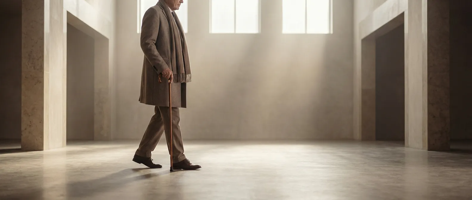 Une personne marchant avec élégance dans un espace épuré, symbolisant la gestion de l'équilibre et du syndrome CANVAS.