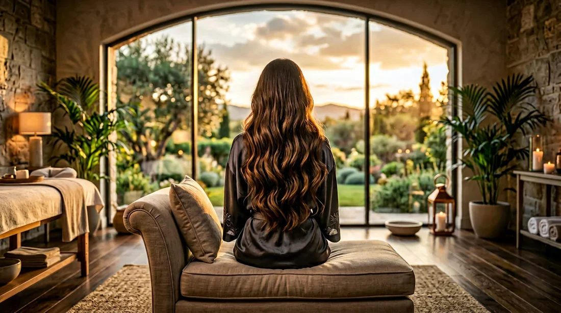 Une femme de dos avec une chevelure soignée dans une atmosphère de spa luxueux.