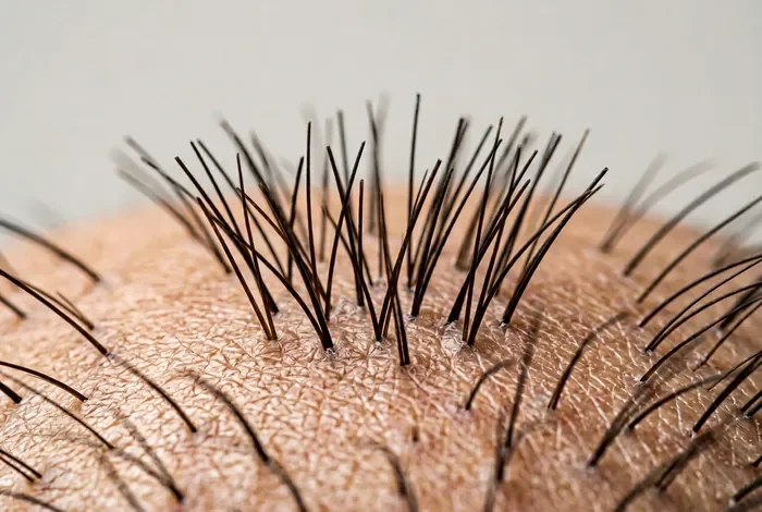 Vue rapprochée et minimaliste du cuir chevelu pour illustrer la santé capillaire.