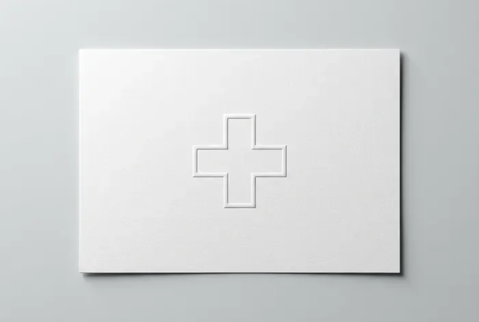 Gros plan minimaliste sur un document officiel de santé avec un symbole médical discret.