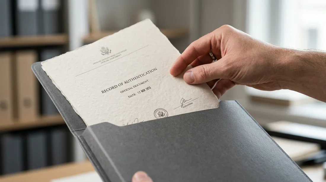 Une main insérant soigneusement un document médical dans un dossier de rangement.