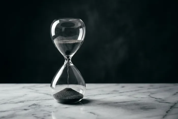 Un sablier solitaire sur fond sombre symbolisant le temps qui passe lors de la crise de la trentaine.