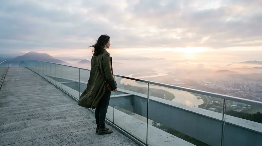 Traversée solitaire vers un nouveau départ Une femme seule sur un pont minimaliste face à l'horizon au lever du soleil symbolisant la rupture et la transition de la trentaine.