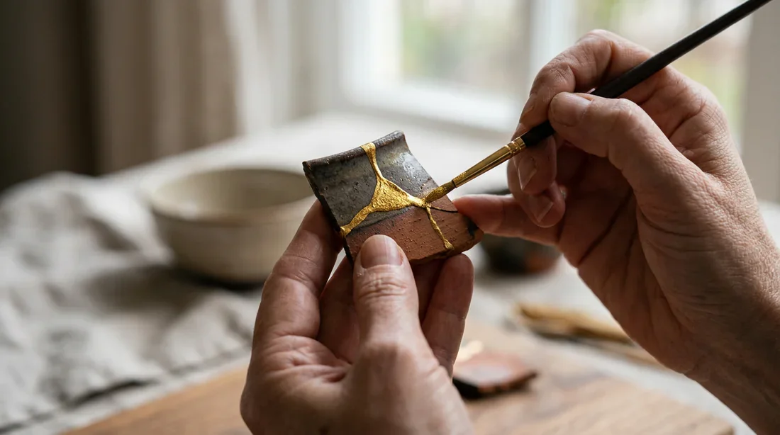 La résilience par la reconstruction de soi Une main réparant un objet avec la technique du Kintsugi, symbolisant la résilience et la guérison après une rupture.