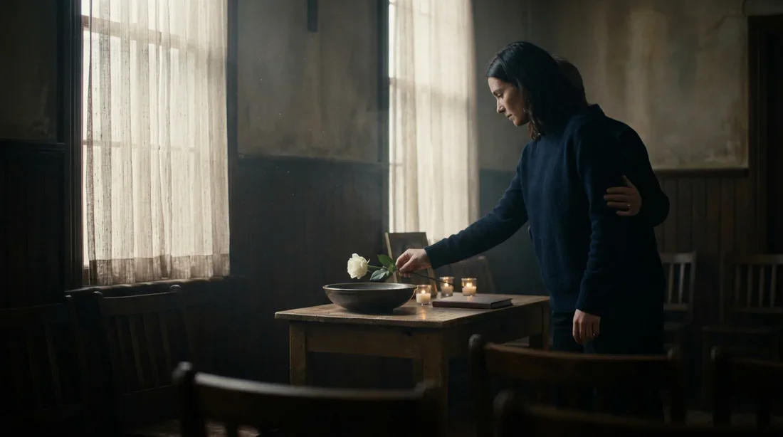 Scène cinématique et solennelle dans une pièce mémorial pour illustrer la question du contact avec un défunt