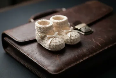 Symbolique de la maternité et de la carrière avec des chaussures de bébé sur un dossier professionnel