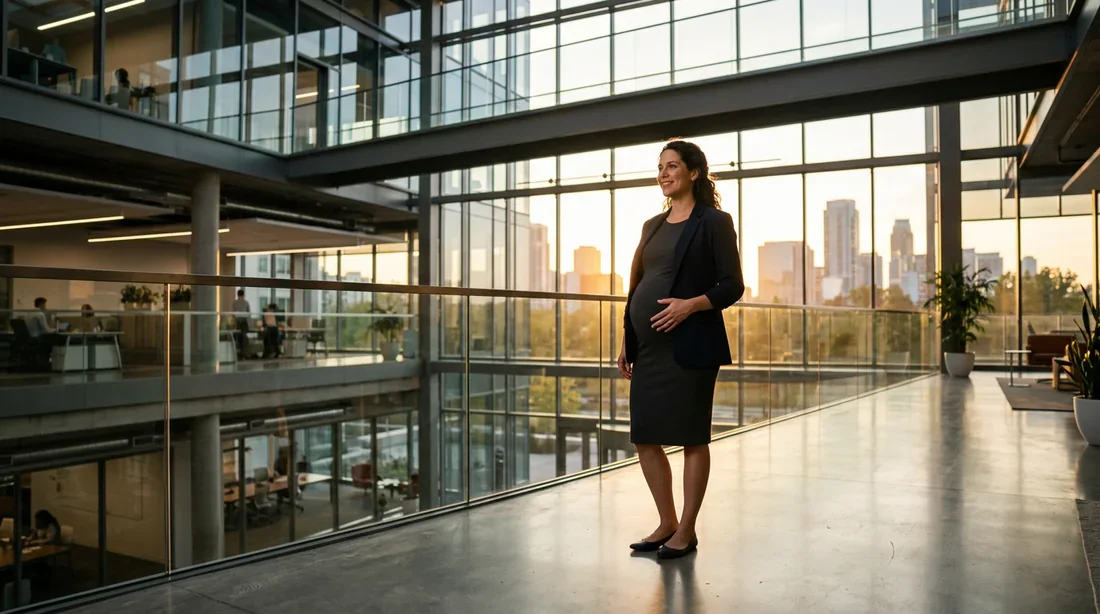 Une femme enceinte dans un environnement professionnel lumineux et moderne symbolisant la confiance