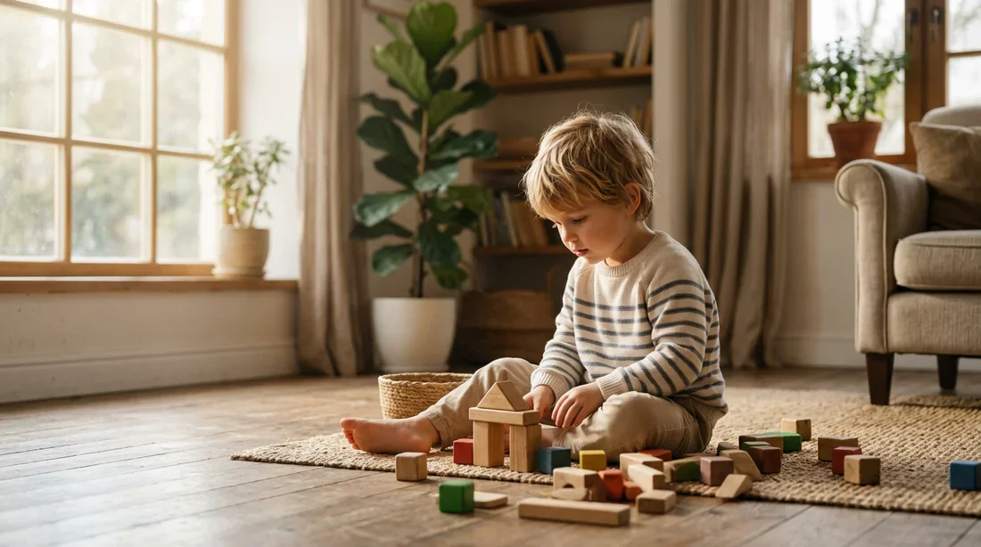 L'éveil et le développement de l'enfant Un enfant de 4 ans assis dans une pièce lumineuse observant des blocs de construction