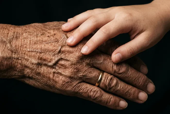 Santé de couple quand j'ai 20 ans de plus que mon homme Gros plan symbolique sur les mains d'un couple d'âges différents