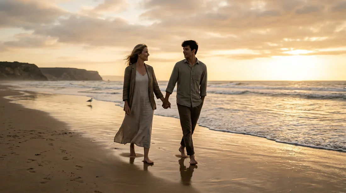 Un couple d'âges différents marchant sur une plage au coucher du soleil