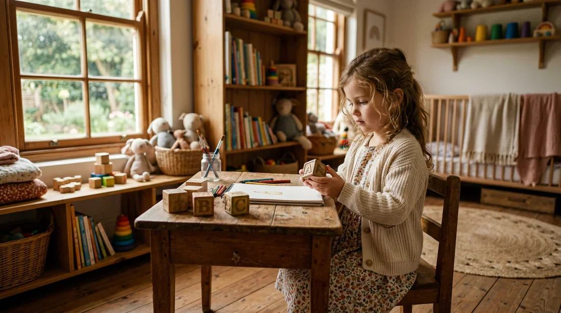 Une petite fille de 5 ans assise à un bureau dans une atmosphère douce et studieuse, réfléchissant face à des blocs de lettres en bois.