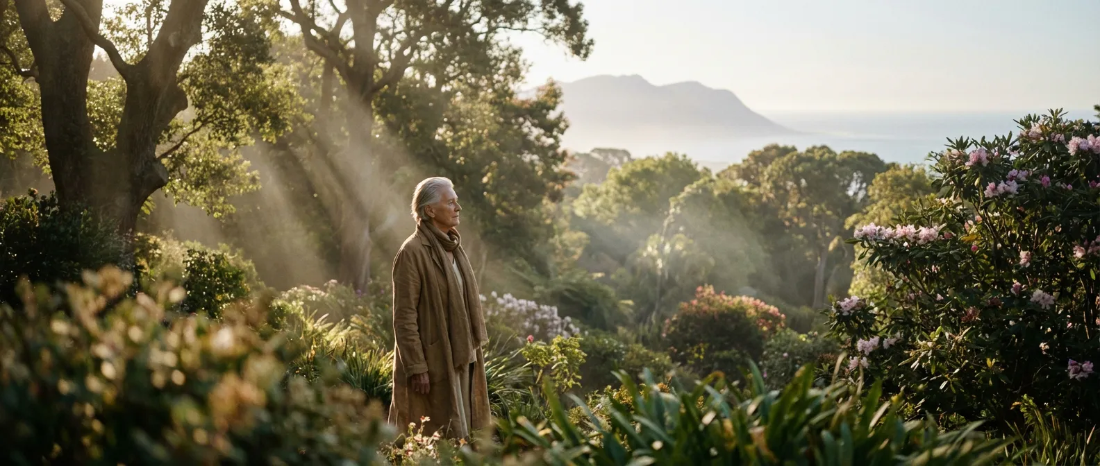 Une personne âgée sereine dans un jardin ensoleillé symbolisant l'espérance de vie et la santé