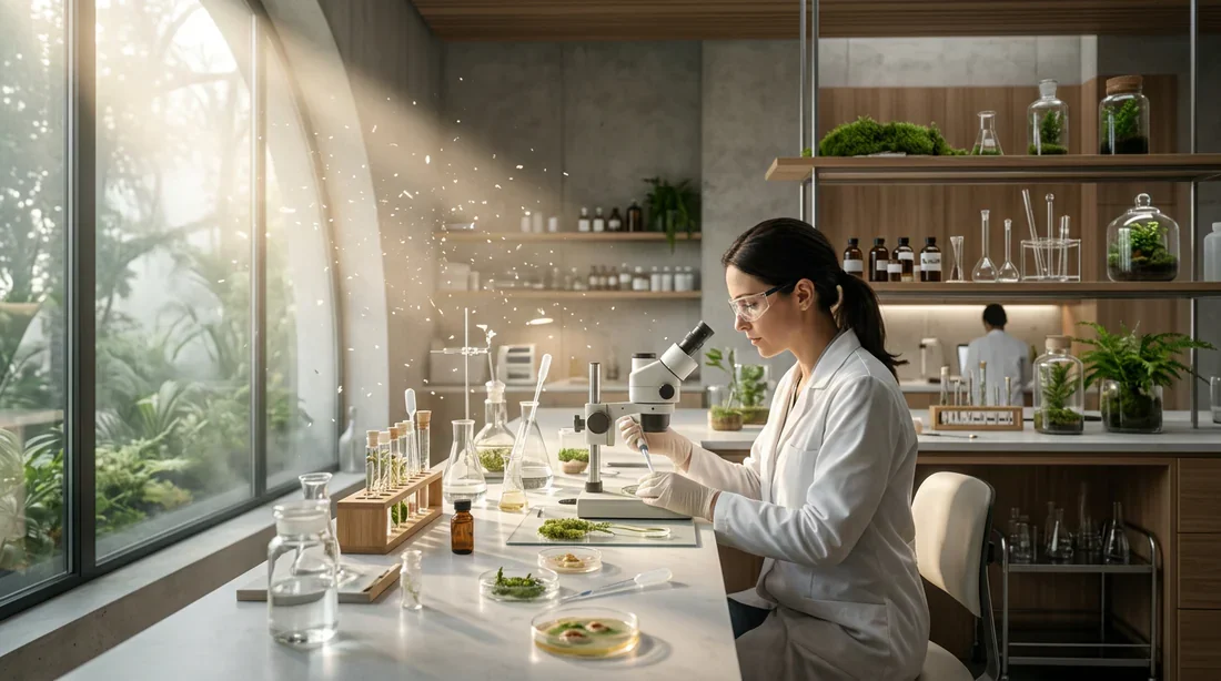 Atmosphère de laboratoire médical éthéré évoquant la recherche sur le cancer