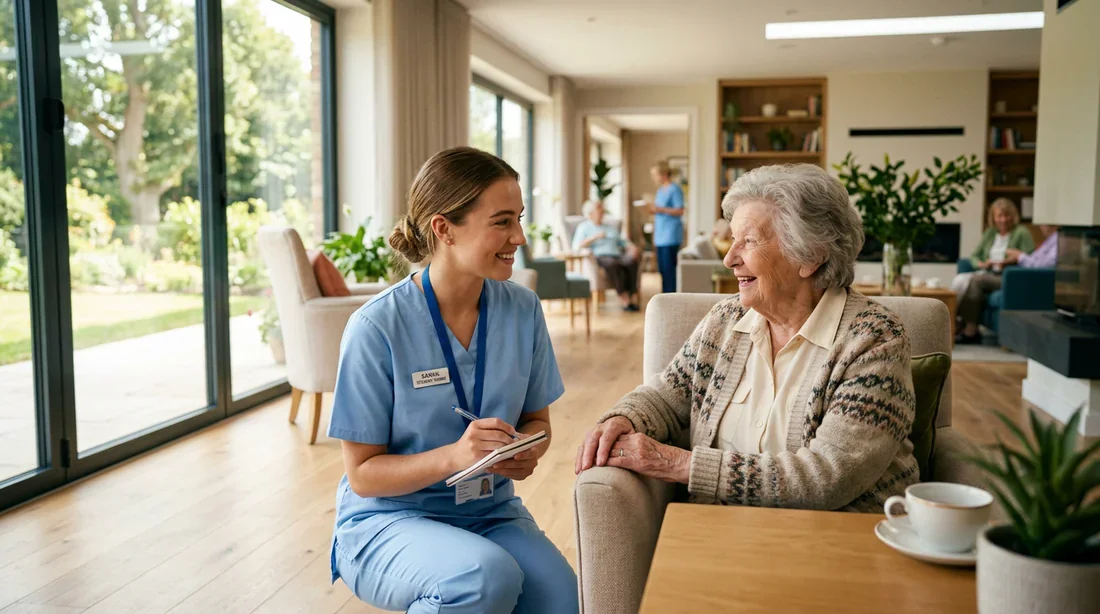Un stagiaire souriant accompagne une personne âgée dans une maison de retraite moderne et lumineuse