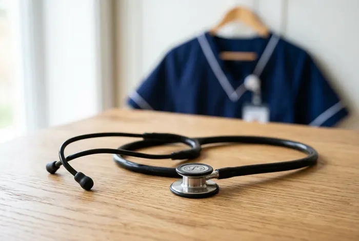 Un stéthoscope sur une table, symbole du travail en maison de retraite
