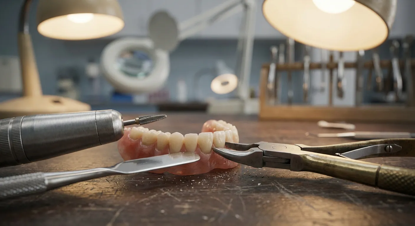 Instruments de précision et appareil dentaire en cours de réglage en laboratoire.