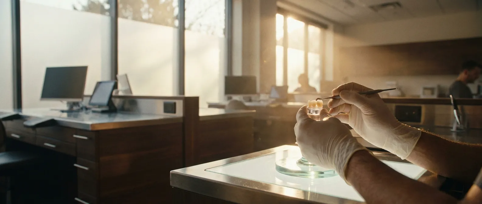 Prothésiste dentaire travaillant sur une couronne en céramique dans un laboratoire moderne de haute technologie.