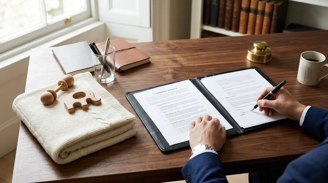 Détail de documents de rupture conventionnelle aux côtés d'objets liés à la maternité