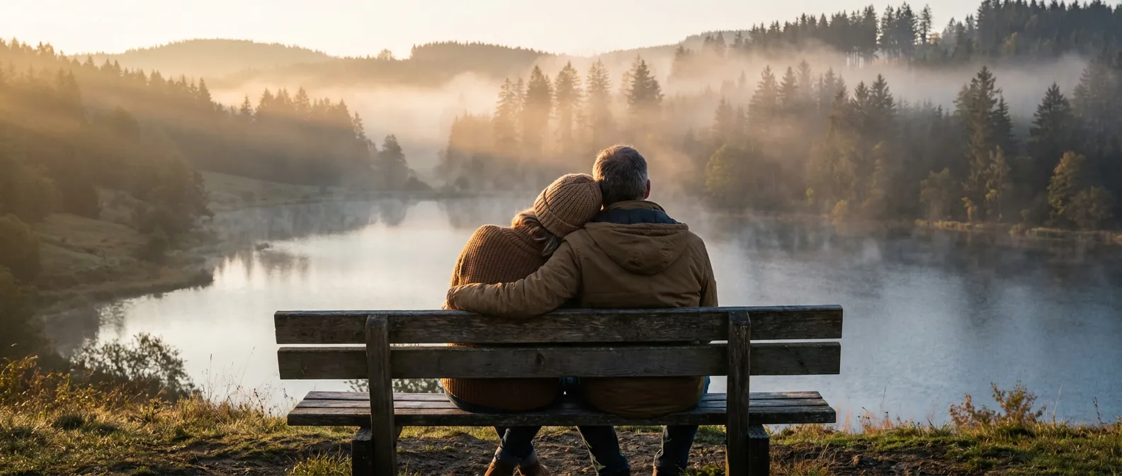 Couple solidaire assis devant un lac au lever du soleil représentant le soutien mutuel face à la maladie
