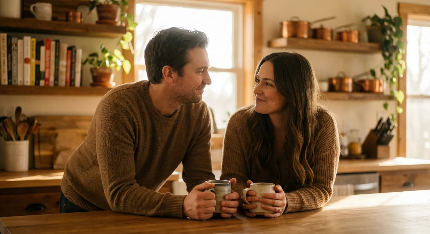 Moment d'intimité et de communication entre conjoints dans une cuisine chaleureuse