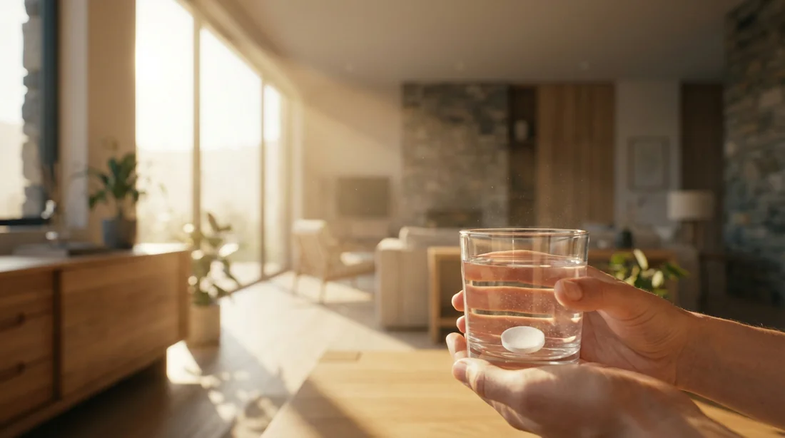 Une main tenant un verre d'eau et un comprimé dans une lumière matinale douce, symbolisant la prise de traitement sereine