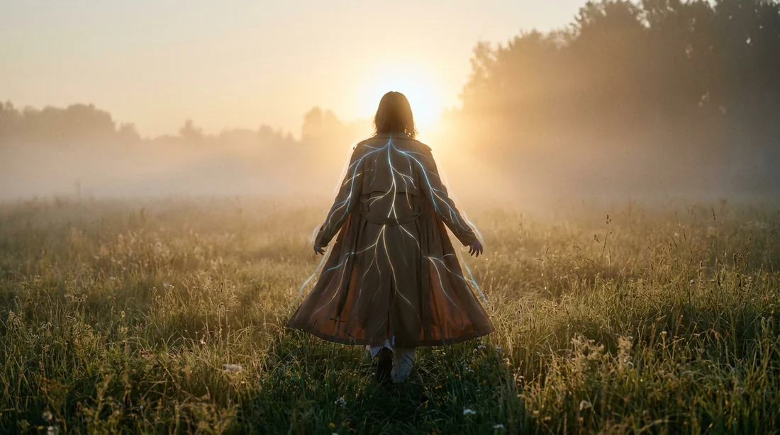Une personne sereine dans une prairie au lever du soleil avec des effets de lumière symbolisant les signaux corporels