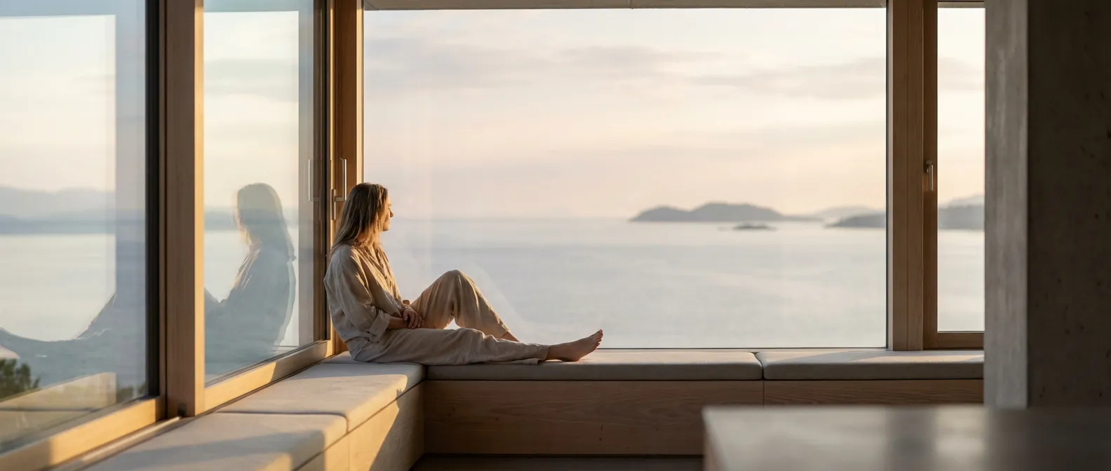 Une femme sereine assise près d'une fenêtre symbolisant le soulagement de l'anxiété