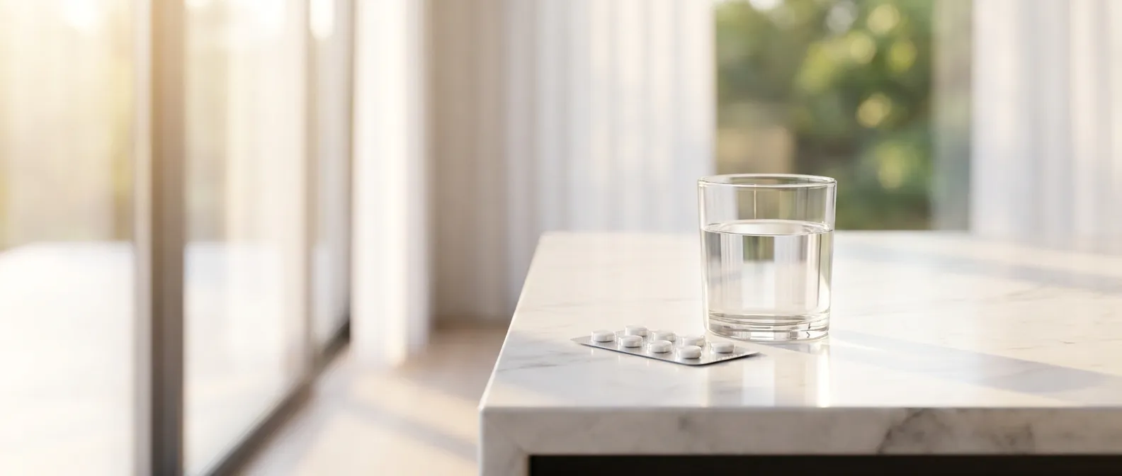 Un verre d'eau et un médicament sur un plan de travail épuré pour illustrer le délai d'action de l'Apranax.