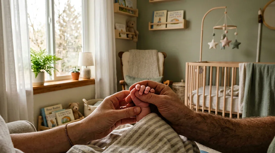 Main des parents tenant la main d'un bébé dans une chambre douce et lumineuse