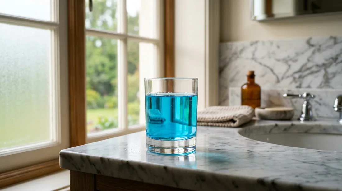 Un verre de bain de bouche bleu sur un comptoir en marbre