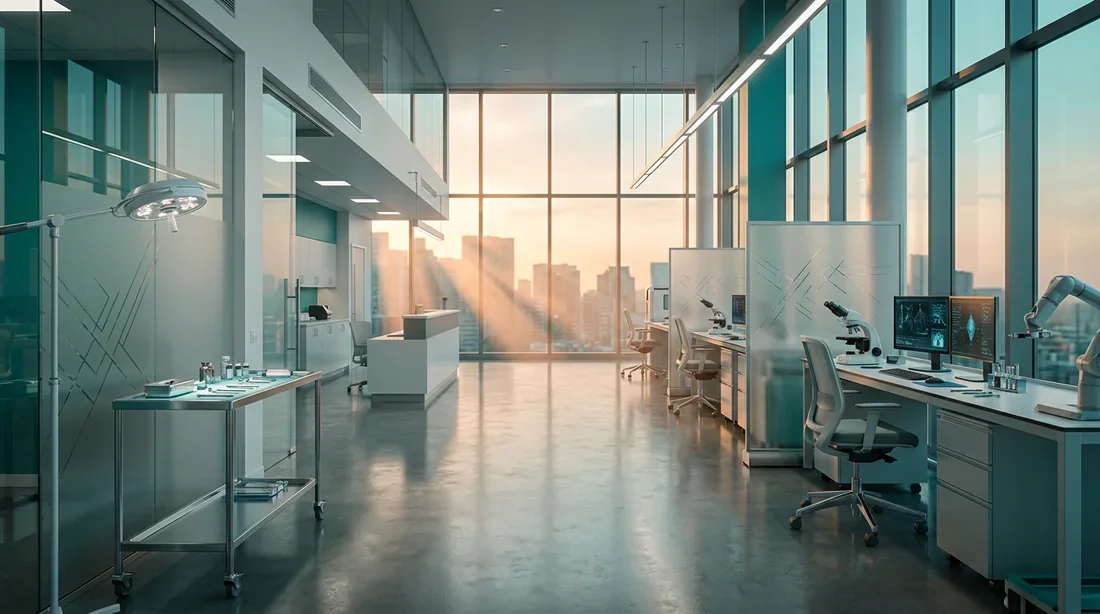 Vue cinématographique d'un environnement clinique moderne et serein
