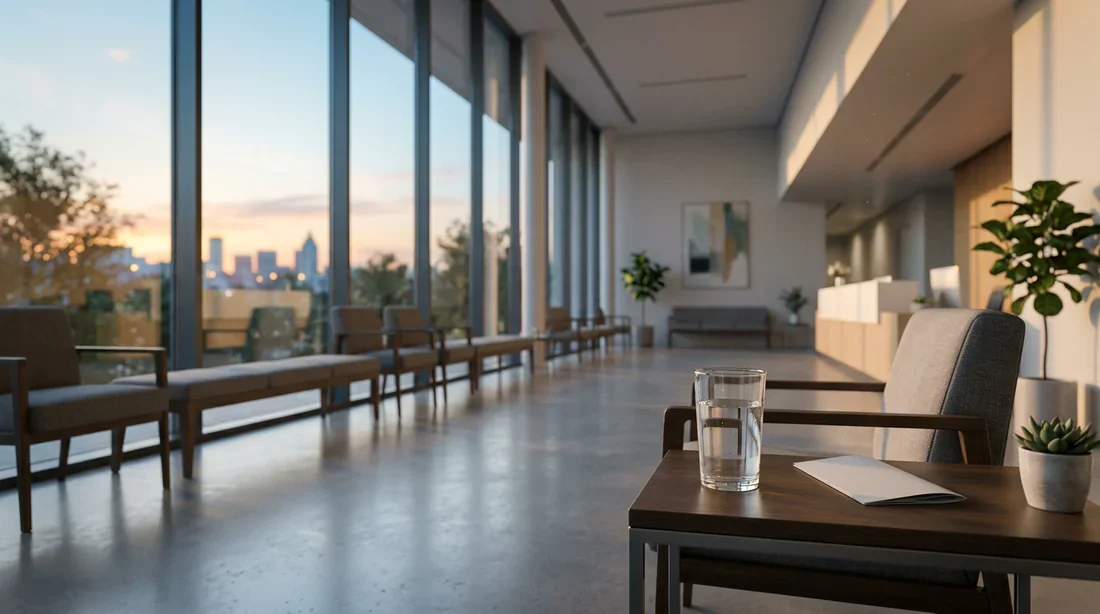 Salle d'attente médicale moderne et sereine baignée de lumière matinale