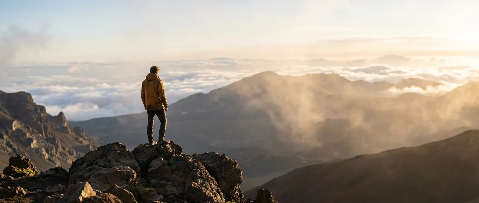 Une personne sereine au sommet d'une montagne au lever du soleil symbolisant la guérison mentale