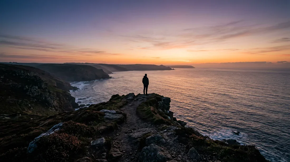 La quête de la sérénité et de l'équilibre mental Une personne sereine face à l'horizon au lever du soleil symbolisant la clarté mentale et le bien-être.
