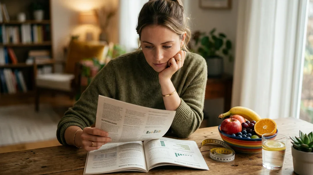 Personne consultant des informations santé avec des fruits frais à proximité