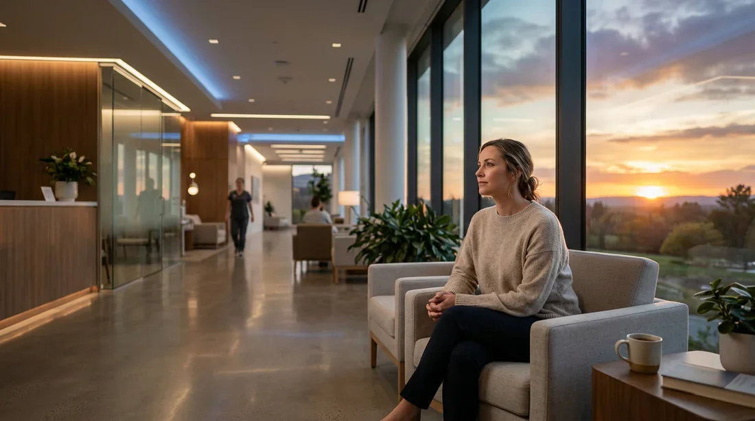 Prise en charge à long terme des traitements oncologiques Une personne sereine regardant par une fenêtre dans un environnement médical moderne et apaisant
