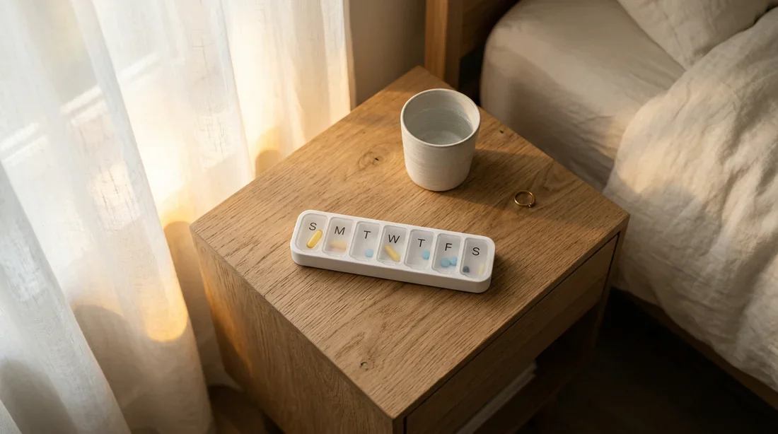 Gestion de la prise de pilule : guide pratique Une boîte de pilules sur une table de chevet avec une lumière douce du matin