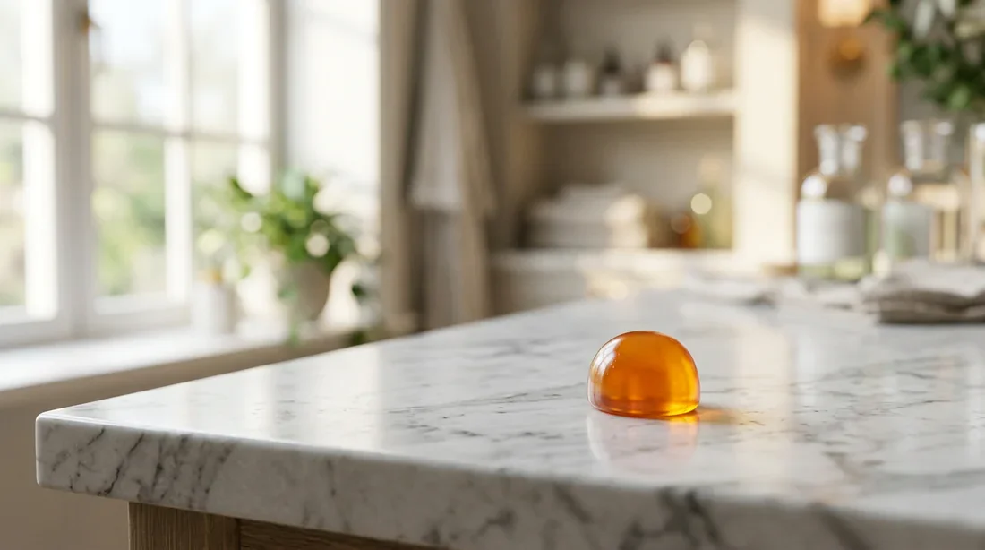 Un complément de santé gélifié posé sur une surface luxueuse.
