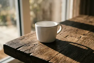 Une tasse de thé sur une table en bois sous une lumière douce