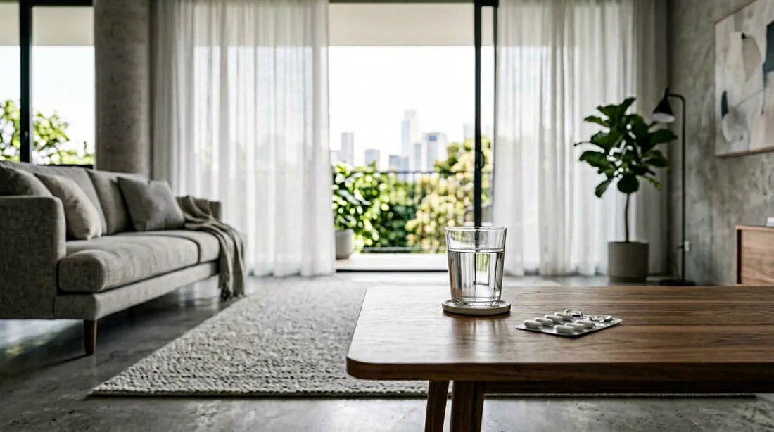 Une mise en scène élégante et minimaliste évoquant la gestion de la santé au quotidien