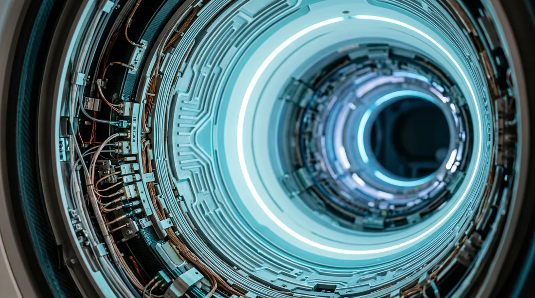 Technologie d'imagerie par résonance magnétique Intérieur d'un tunnel d'IRM moderne avec des lumières bleues, illustrant la technologie d'imagerie médicale.