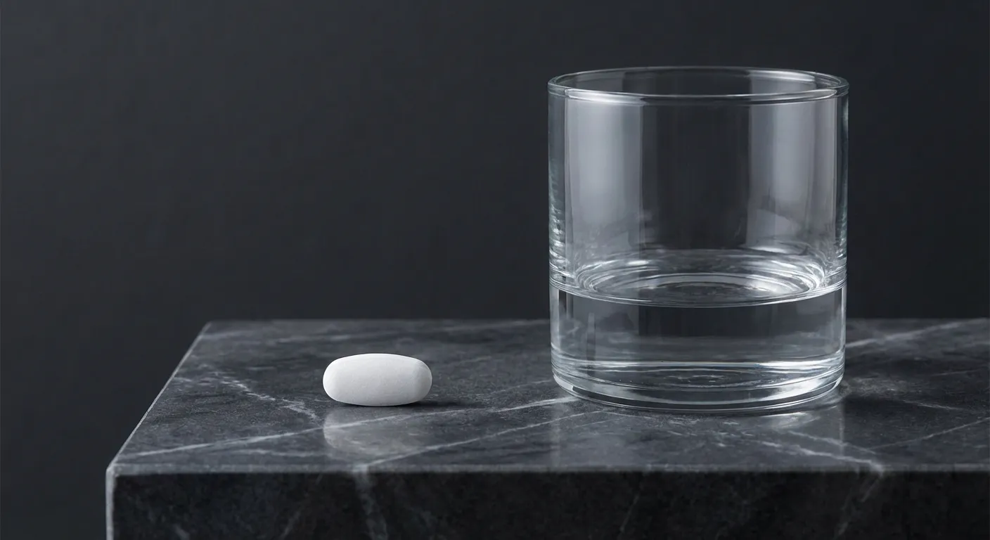 Gros plan minimaliste d'un comprimé et d'un verre d'eau