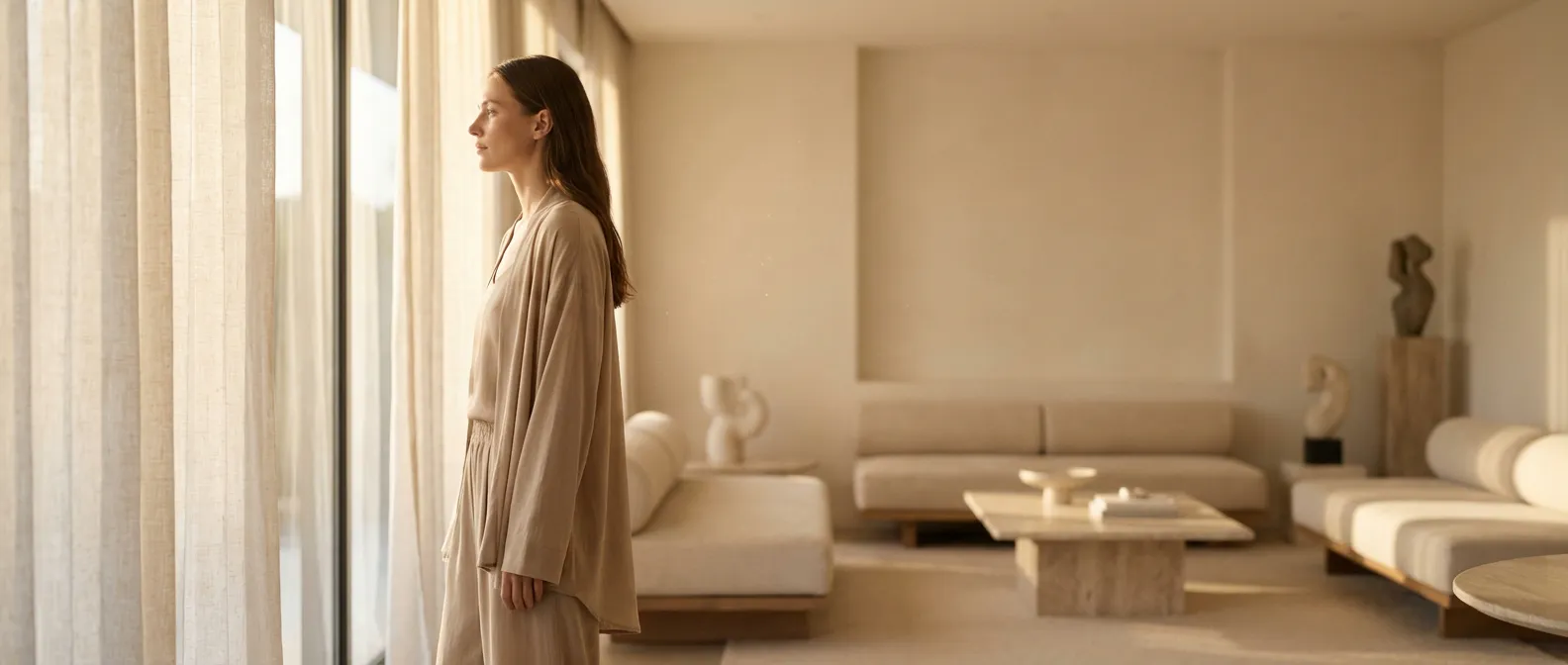 Portrait serein d'une femme dans un intérieur lumineux pour l'article sur la pilule Optimizette