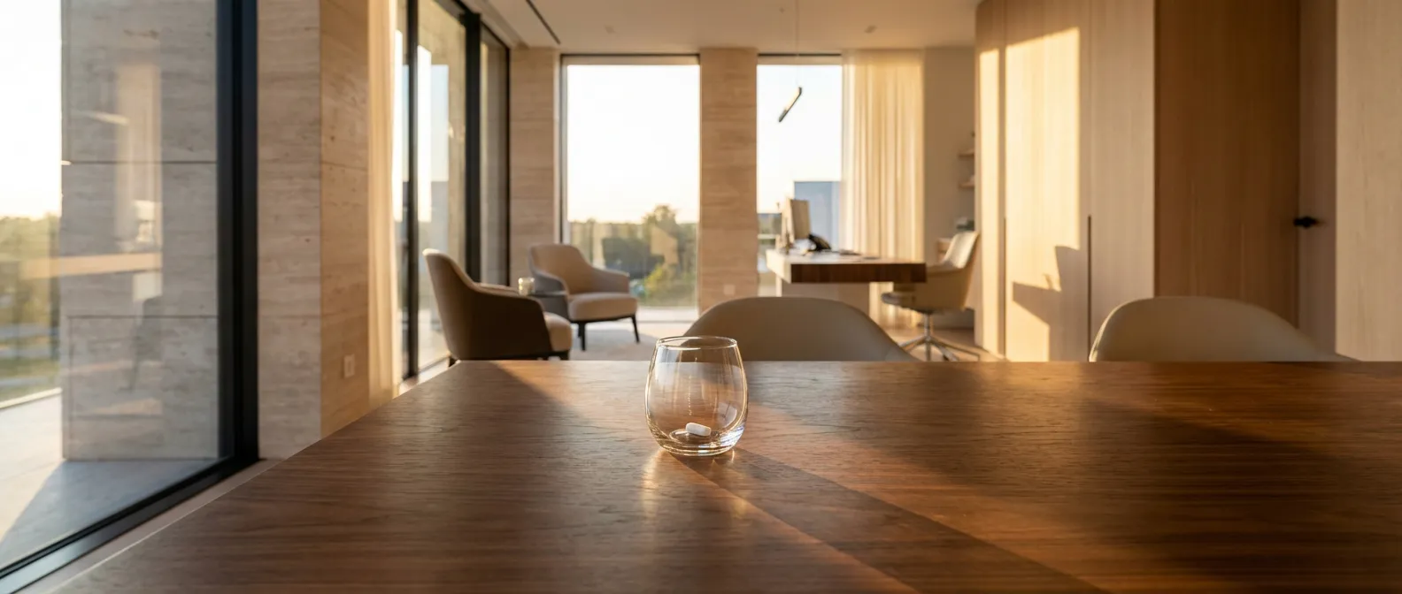 Vue cinématique d'un comprimé de Prazépam sur une table en bois noble avec un verre d'eau, ambiance sereine et professionnelle.