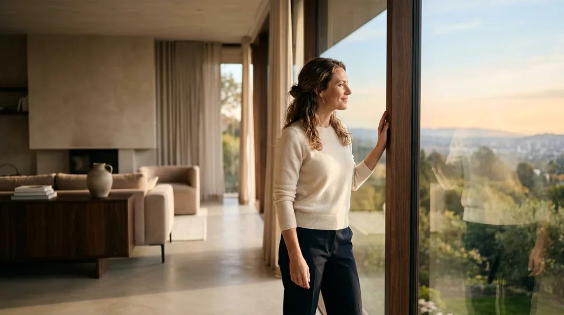 Une femme sereine regardant par une fenêtre lumineuse, évoquant la confiance et le bien-être