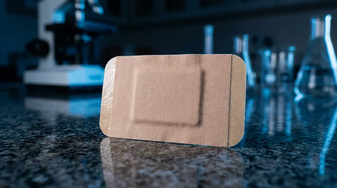 Vue artistique et épurée d'un patch médical sous un éclairage studio dramatique.