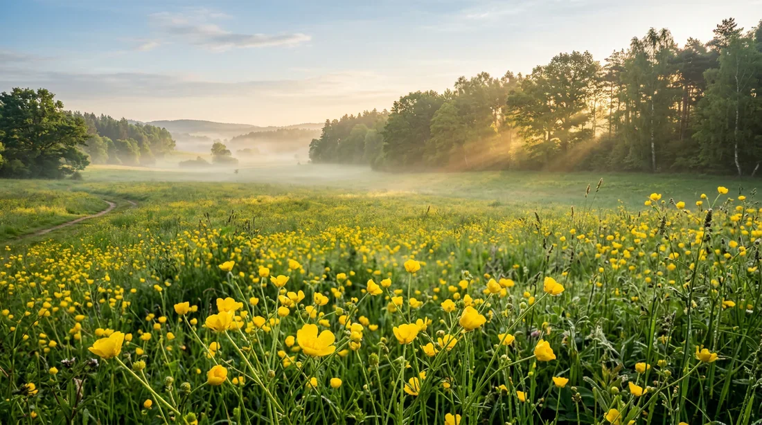 La beauté sauvage du bouton d'or Vue panoramique d'un champ de boutons d'or sous la brume matinale