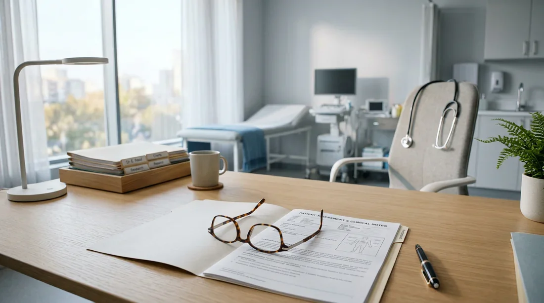Bureau médical moderne et épuré avec des documents de santé