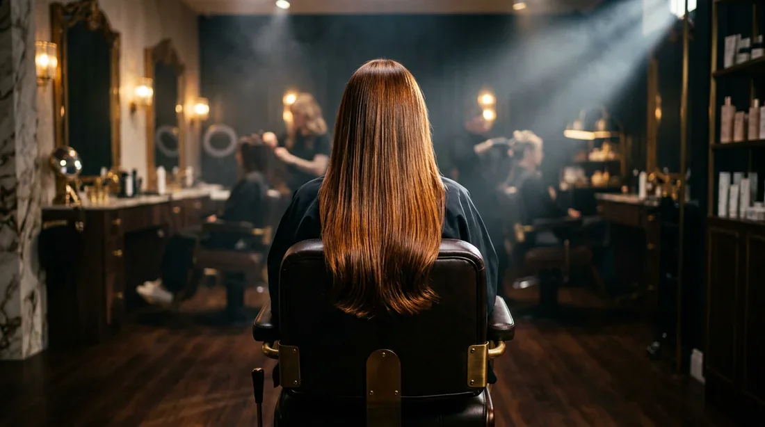 Une femme dans un salon de coiffure haut de gamme avec des cheveux brillants et soignés